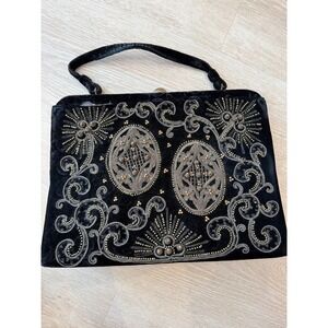 Vintage 1940s Souré Bag Beaded Velvet Embroidered Frame Handbag
